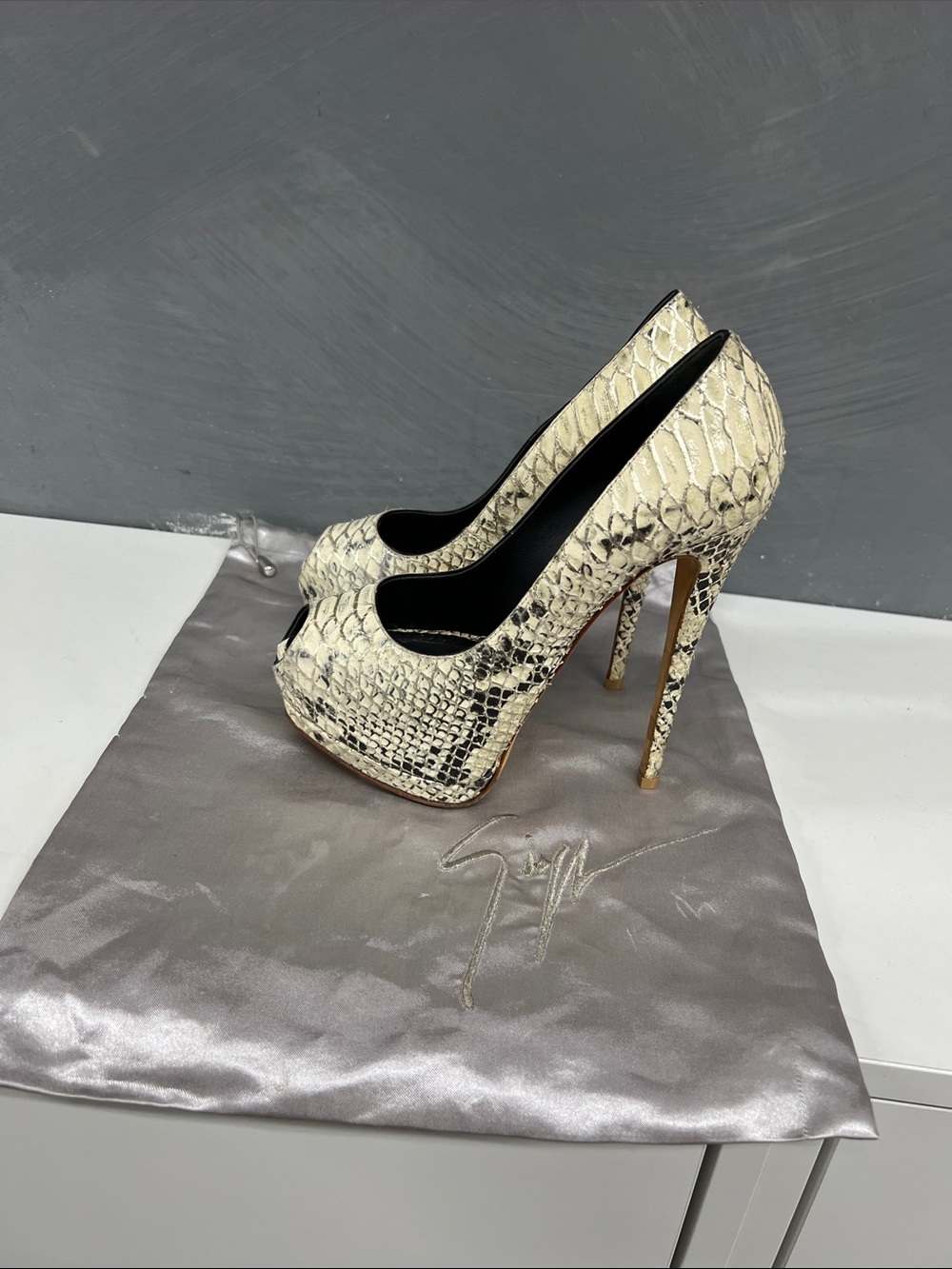 Giuseppe Zanotti Ivory Snake-Embossed Peep-Toe Platform Heels